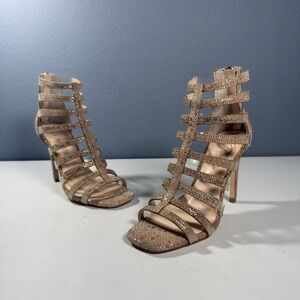 Fergie‎ Regal Gladiator Sandals Womens 5 Beige Excellent Caged Snakeskin Heels